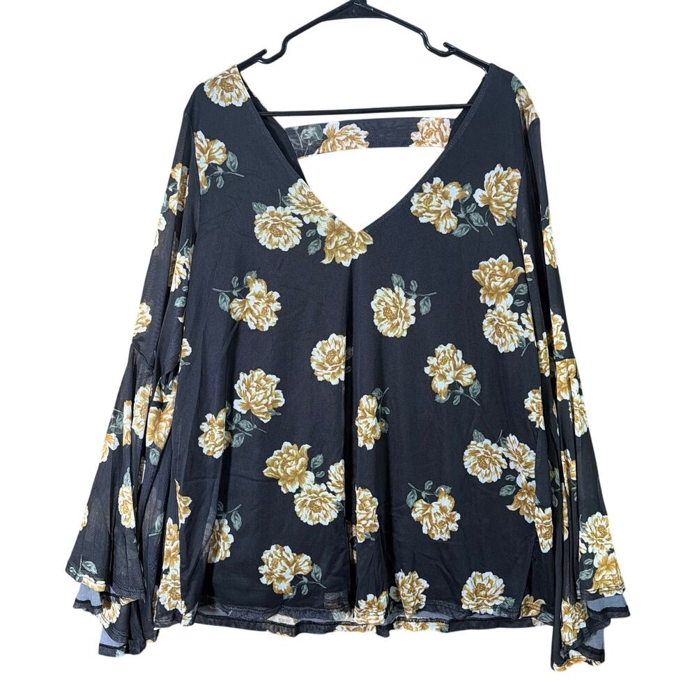 Torrid Womens Blouse Black Yellow Floral V Neck Sheer Long Sleeve Stretch 2